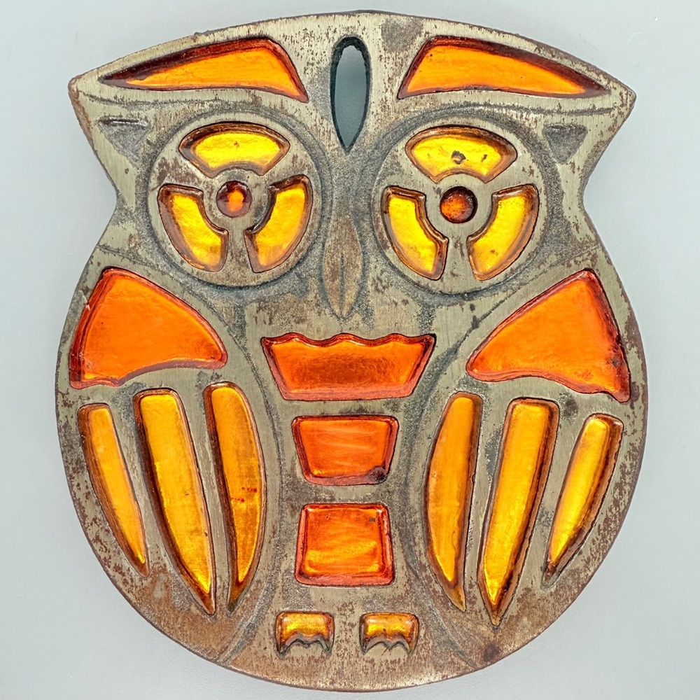 Owl Counterpoint Trivet‎ Cast Iron with Orange and Gold Filled Resin